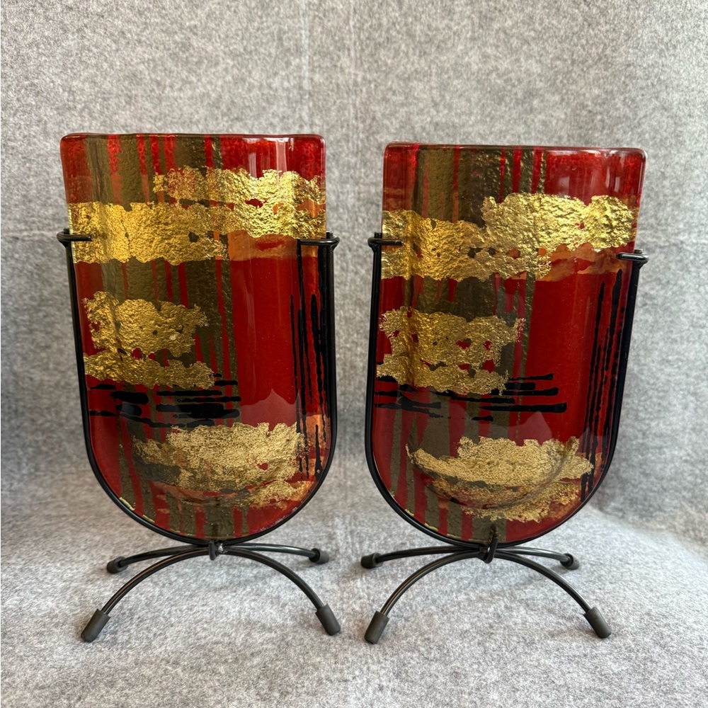 Set of Two (2) Jasmine Art Glass 9 inch tall Mini U Vases with metal stands-READ